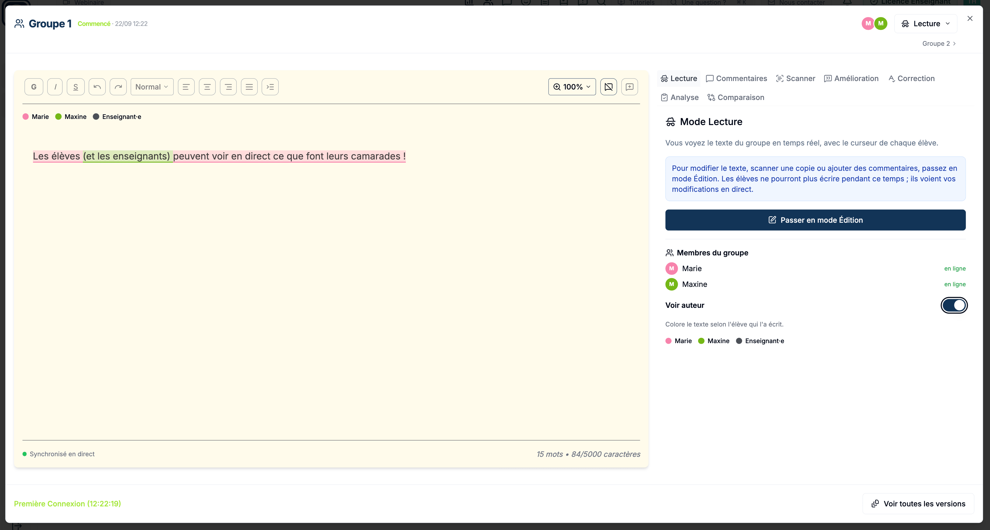 Fenêtre du groupe 1 avec l'option Voir auteur activée : le texte est coloré en rose pour Marie, en vert pour Maxine et en gris pour l'enseignant